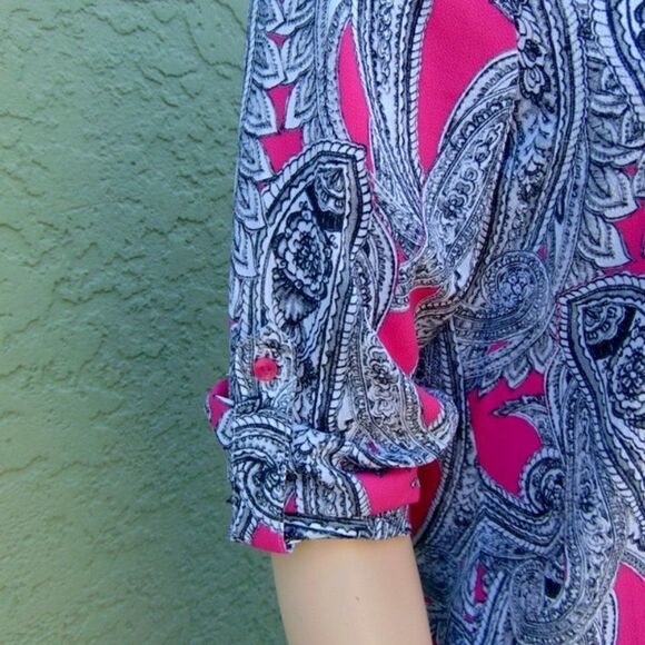 EUC INVESTMENTS Black, White & Pink  Paisley Violated Long Sleeve Shirt Petite S - Picture 12 of 15